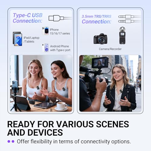 FIFINE Wireless Lavalier Microphone for iPhone/Android/Camera, 2 Pack Cordless Lapel Mic System for Vlog Recording Video YouTube/TikTok Interview, Condenser Clip-On Microphone with Charging Case-M9 | Condenser Clip-On Lapel Mic System, Charging Case, for