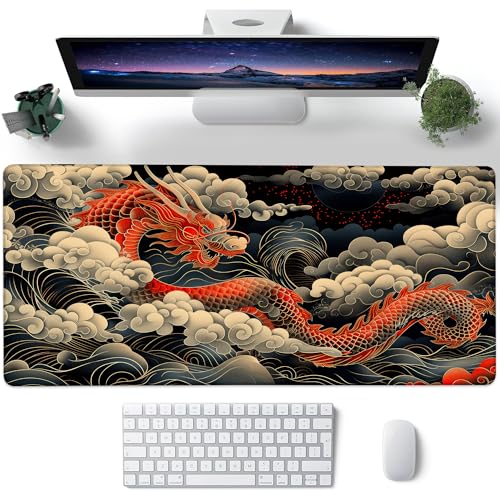 Desk Pad, Japanese Wave and Red Dragon Auspicious Clouds XL Gaming Mouse Pad with Stitched Edges,Non-Slip Waterproof Rubber Base Large Desk Mat for Keyboard and Mouse 31.5"x11.8" - color: Colour5, size: X-Large