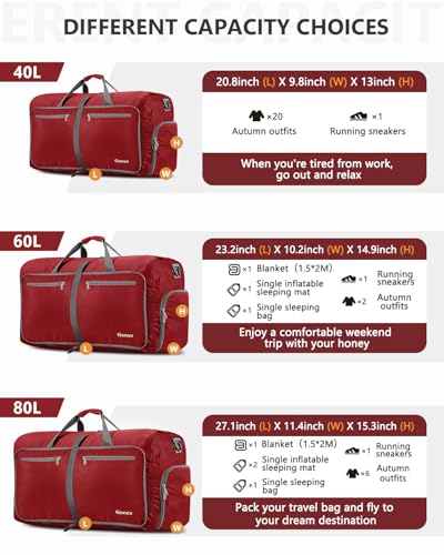 Gonex Large Foldable Travel Duffle Bag with Shoes Compartment, Packable Lightweight Water Repellent Duffel Bag for Camping Gym Weekender Bag - color: Red, size: 60L