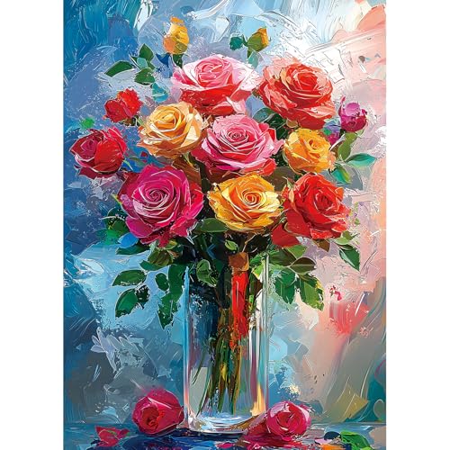 1000 Piece Puzzles for Adults Rose Flower Jigsaw Puzzle with Letter | Oil Painting Floral Art Jigsaw Puzzles 1000 Pieces for Adults, Dust Free for Family Challenging Decor Great Gift, 27.5x19.7in - color: Colorful - Rose Flower Oil Painting