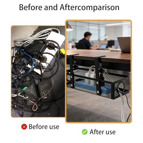 Under Computer Desk Cable Management Tray, No Drill Clamp-On Cord Organizer, Sturdy Metal Wire Tray for Office & Home Desks, Black