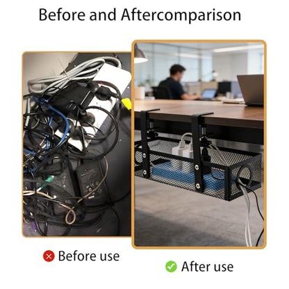 Under Computer Desk Cable Management Tray, No Drill Clamp-On Cord Organizer, Sturdy Metal Wire Tray for Office & Home Desks, Black