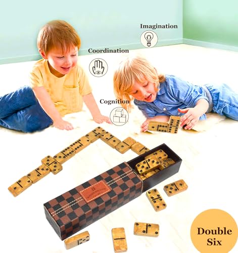 Dominos Set for Adults, Thick Domino, Double 6 Dominoes Set for Adults and Kids, 28 Marbleized Gold Tiles in Brown Leather Case, Travel Domino's Game Set - color: Gold