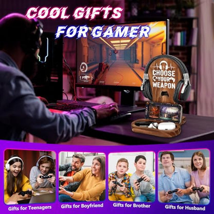 CryCarrot Gaming Birthday Gifts for Men Son Boyfriend Husband Game Lover | Gamer Gifts for Teenage Boys Gamer Room Decor Wood Headset Stand for Gaming Christmas Desk Decor - style: Choose Your Weapon
