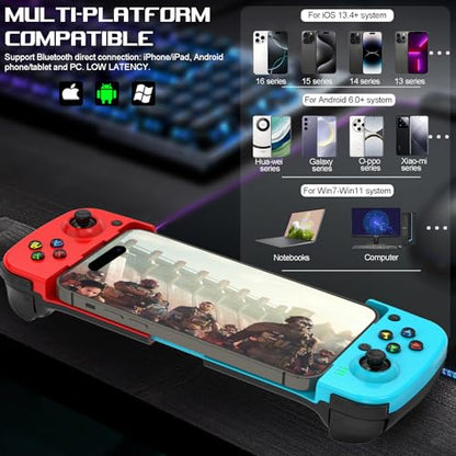arVin Wireless Gamepad Controller for iPhone iOS Android PC with Back Button, Mobile Gaming Controller for iPhone 15/14/13/12/11, iPad, MacBook, Samsung Galaxy S23/S22/S21, TCL, Tablet, CODM, Genshin - color: Blue&Red