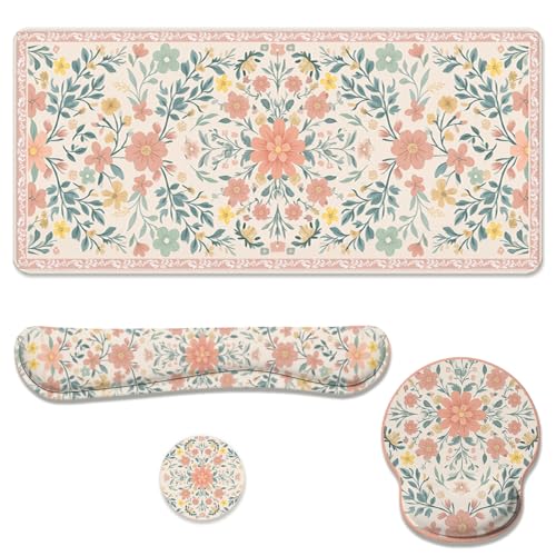 Boho Mandala Desk Mat Set Retro Floral Art Large Mouse Pad with Wrist Rest 4in1 Desk Mat for Desktop Ergonomic Keyboard Wrist Support Anti-Slip Computer Ergonomic Mouse Pad Home Office Gaming - color: Boho Mandala
