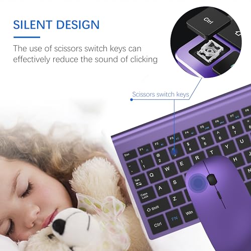 Wireless Keyboard and Mouse Ultra Slim Combo, TopMate 2.4G Silent Compact USB 2400DPI Mouse and Scissor Switch Keyboard Set with Cover, Batteries Included, for PC/Laptop/Windows/Mac - Purple Black - color: Purple Black