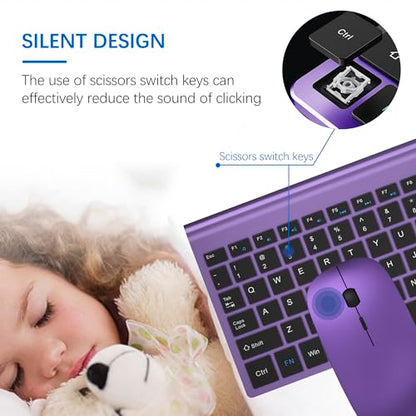 Wireless Keyboard and Mouse Ultra Slim Combo, TopMate 2.4G Silent Compact USB 2400DPI Mouse and Scissor Switch Keyboard Set with Cover, Batteries Included, for PC/Laptop/Windows/Mac - Purple Black - color: Purple Black