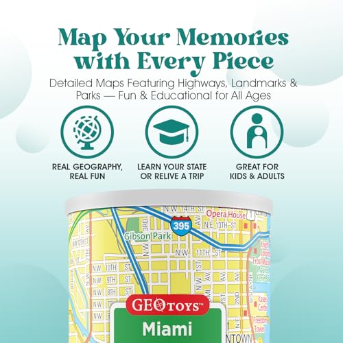 Geotoys Miami Mini City Puzzle - 100 Piece Puzzles for Kids and Adults in Portable Can, 13" x 10" Educational Travel Puzzle for Ages 7 and Up - Mini Puzzles to Learn & Explore Geography - style: Miami