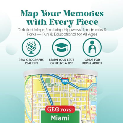 Geotoys Miami Mini City Puzzle - 100 Piece Puzzles for Kids and Adults in Portable Can, 13" x 10" Educational Travel Puzzle for Ages 7 and Up - Mini Puzzles to Learn & Explore Geography - style: Miami