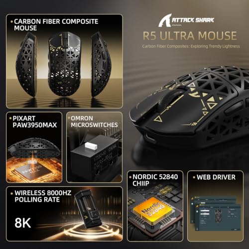 ATTACK SHARK R5Ultra 8K Carbon Fiber Wireless Gaming Mouse, Black | 42K DPI,PAW3950 MAX Sensor,39g Ultra-Lightweight,Nordic 52840 MCU Chip,Wired/BT/2.4GHz Wireless Programmable Mice for PC/Mac - color: Black