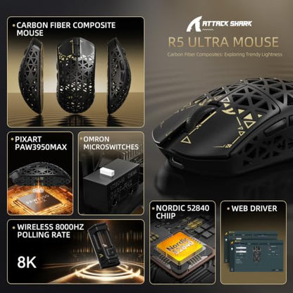 ATTACK SHARK R5Ultra 8K Carbon Fiber Wireless Gaming Mouse, Black | 42K DPI,PAW3950 MAX Sensor,39g Ultra-Lightweight,Nordic 52840 MCU Chip,Wired/BT/2.4GHz Wireless Programmable Mice for PC/Mac - color: Black