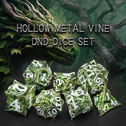 FONVGOGO Metal DND Dice Set of 7 for Dungeons and Dragons Hollow Polyhedral Metal Vine Dice Set D and D with Black Case Role Playing D and D RPG Dice for Tabletop Games Ttrpg (Vine Green) - color: Vine Green
