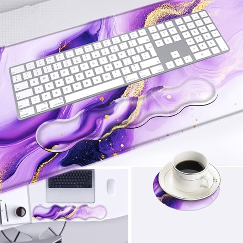 Large Mouse Pad and Keyboard Wrist Rest, Desk Pad for Keyboard and Mouse, 4-in-1 Large Gaming Mouse Pad with Wrist Support, Desk Mat for Home Office Study Game,Purple and Gold Marble - color: Purple and Gold Marble