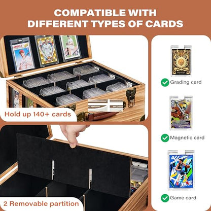 Poyilooo Classic Brown Wooden Graded Card Storage Box with Display Window, Holds 140+ Cards, 14.2 x 11.3 x 6.5 inches, Sports Card Case - color: Brown