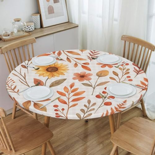 Famame Fall Foliage Sunflower on Plaid Round Fitted Tablecloth with Elastic Protector Table Kitchen Dinner Waterproof Oil-Proof Table Covers Fits 40"-44", Small - color: Fall Foliage Sunflower, size: Small (40"-44")