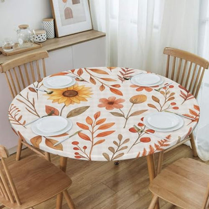Famame Fall Foliage Sunflower on Plaid Round Fitted Tablecloth with Elastic Protector Table Kitchen Dinner Waterproof Oil-Proof Table Covers Fits 40"-44", Small - color: Fall Foliage Sunflower, size: Small (40"-44")