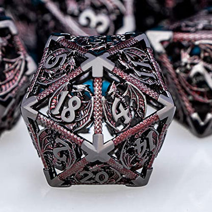 ARUOHHA Hollow DND Metal Dice Set Black Red Dragons D and D Dice, RPG Role Playing Games Dungeons Polyhedral Dice with Gift Box D20 D12 D10 D8 D6 D4 - color: Black Red