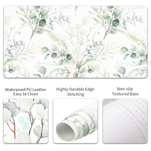 QIYI PU Leather Desk Mat Set, 4-in-1 Ergonomic Wrist Rest, Eucalyptus Leaf | Waterproof Large Mouse Pad 31.5×15.7 + Keyboard Wrist Rest + Mouse Wrist Support+Coaster, Non-Slip Office Gaming Accessories - color: Eucalyptus Leaf