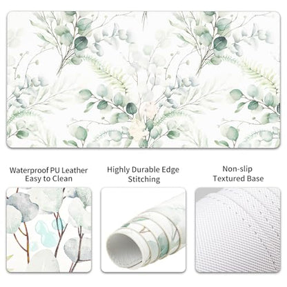 QIYI PU Leather Desk Mat Set, 4-in-1 Ergonomic Wrist Rest, Eucalyptus Leaf | Waterproof Large Mouse Pad 31.5×15.7 + Keyboard Wrist Rest + Mouse Wrist Support+Coaster, Non-Slip Office Gaming Accessories - color: Eucalyptus Leaf
