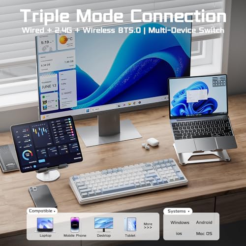 AULA F99 Wireless Silent Mechanical Keyboard, Triple-Mode 2.4GHz/BT5.0/USB-C, Pre-lubed Linear Switches,Hot Swappable Custom Keyboard, Gasket Mounted RGB Backlit, Gaming Keyboards for PC/Laptop/Tablet - color: White Blue Grey