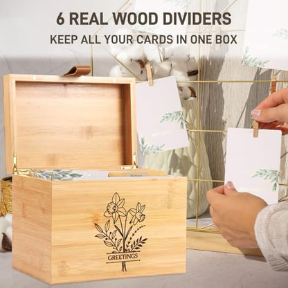 Large Bamboo Greeting Card Organizer Box with 6 Removable Dividers, Real Leather Handle, 100% Handmade Solid Bamboo, Storage Box for Christmas, Valentine, & Birthday Cards, Postcards, Stationery - color: Wood
