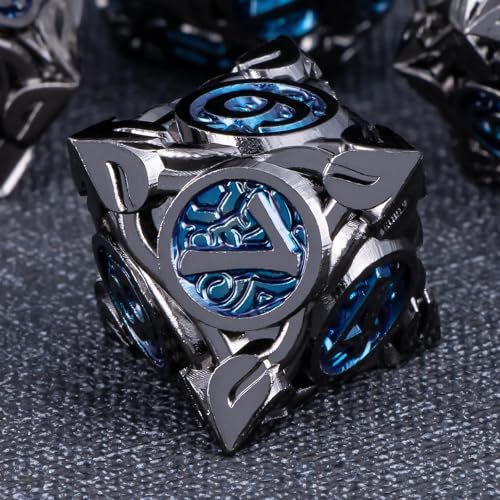 KERWELLSI Metal DND Dice Set D&D, 7Pcs Nature Vines Leaf Role Playing Dice with Gift Box, Black Blue Dungeons Dragons D and D Game Dice D20 D12 D10 D8 D6 D4