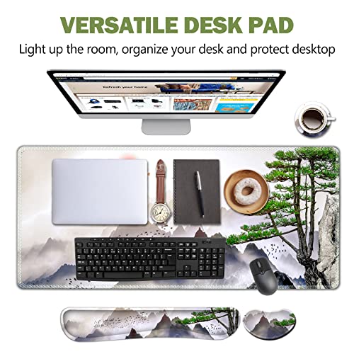 AIMSA Large Gaming Mouse Pad Set, Keyboard Wrist Rest Support + Extended Mouse Pad + Mouse Wrist Cushion + Coaster, Ergonomic Memory Foam Desk Mat 35x15.7in Anti-Slip Base (Pine Tree Mountains) - color: Pine Tree Mountains