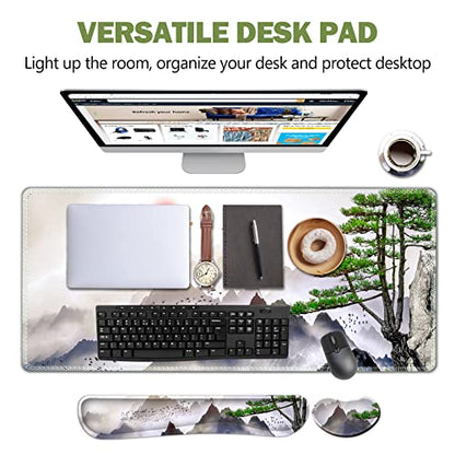 AIMSA Large Gaming Mouse Pad Set, Keyboard Wrist Rest Support + Extended Mouse Pad + Mouse Wrist Cushion + Coaster, Ergonomic Memory Foam Desk Mat 35x15.7in Anti-Slip Base (Pine Tree Mountains) - color: Pine Tree Mountains