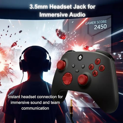 CRUAYA Wireless Gaming Controller Compatible with Xbox Series X|S, Xbox One and Windows PC with Rechargeable 1400mAh Battery Display, Bluetooth Gaming Controller, USB-C, 3.5mm Audio Jack, Black and Red Design