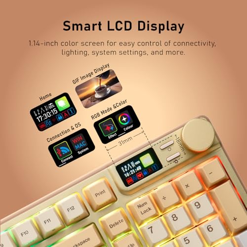 iRocks K85R Wireless RGB Backlit Mechanical Gaming Keyboard with LCD Display, Hot-Swappable Pre-lubed Brown Switches, 98 PBT Keys, USB-C Detachable Cable (Light Golden, Bubble Switch) - color: Light Golden
