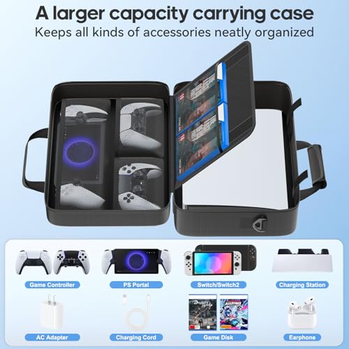 Gersker Carrying Case Compatible with PS5/Slim/Pro Disc & Digital, PS5 Travel Case for Play 5 Controllers, PS Portal, Game Discs, PS 5 Protective Travel Bag Play 5 Carry with Zipper Pocket, Black - color: All Black