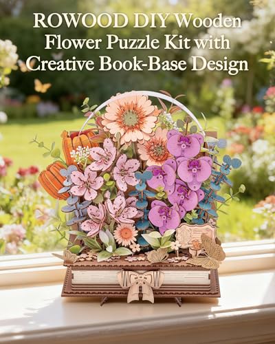 Rowood 3D Puzzle,Mothers Day DIY Wooden Flower Craft Kits for Adults,Botanical Collection Home Decor, Valentine's Day/Christmas/Birthday Gift-Wooden Blooming Book