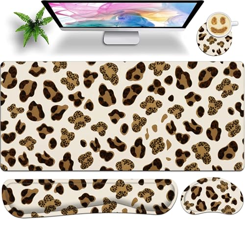 Leopard Large Gaming Mouse Pad Set of 4 for Women 35.4 x 15.7 with Keyboard Wrist Rest, Wrist Support, Coaster, Memory Foam Smooth Desk Mat Mousepad for Home Office School - color: Leopard Woman, size: 35.4" x 15.7" x 0.12" (Set of 4 Items)