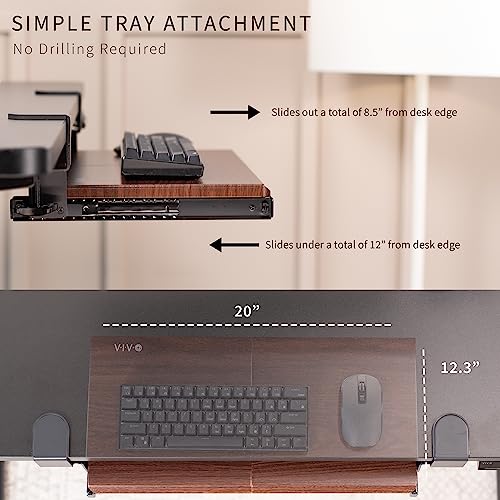 VIVO Small Keyboard Tray, Under Desk Pull Out with Extra Sturdy C Clamp Mount System, 20 (26 Including Clamps) x 11 inch Slide-Out Platform Drawer, Dark Walnut Top, Black Frame, MOUNT-KB05ES-D | Keyboard Tray for Typing, Slide Out Platform, Extra Sturdy C