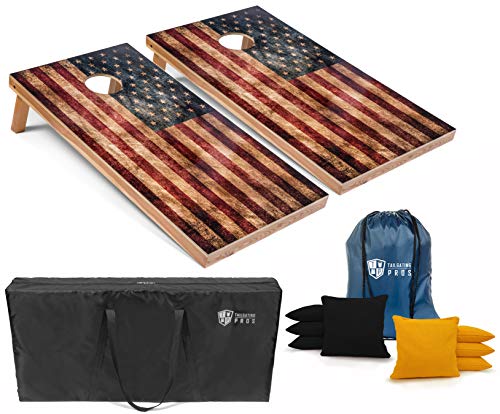 Tailgating Pros Rustic American Flag Cornhole Boards w/Bean Bags - 4'x2' Distressed Flag Cornhole Game w/Multicolored LED Ring, Carrying Case & Corn Hole Bags - color: Black / Yellow