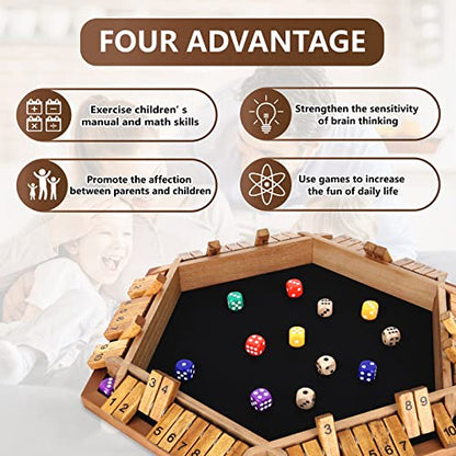Nicecho 2-6 Players Shut The Box Dice Game, Wooden Board Table Math Game with 16 Dice, Classics Tabletop Games for Kids Adults, Family,Classroom,Home,Party or Pub - color: Brown