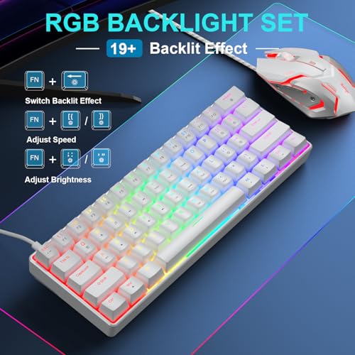 BlueFinger 60% Mechanical Gaming Keyboard and Mouse Combo - RGB Rainbow Backlit 61 Keys Red Switch Keyboard & 4 DPI LED Gaming Mouse, USB Wired Set for PC Laptop Xbox PS4 PS5, White - color: White