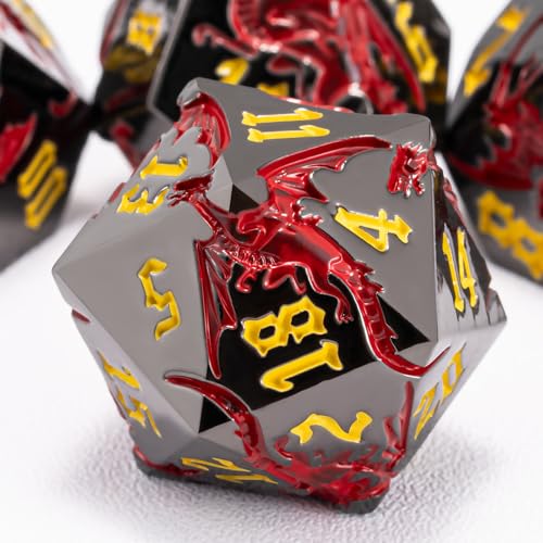 DND Metal Dragon Dice Set with Dragon, Metallic Polyhedral Dice Set for Dungeons and Dragons RPG TTRPG D&D Die with Gift Case (Dragon-Black Nickel Red) - color: Dragon-black Nickel Red