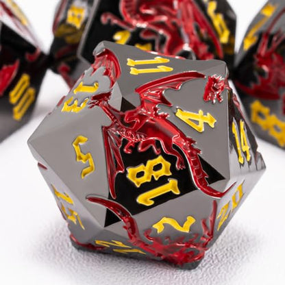 DND Metal Dragon Dice Set with Dragon, Metallic Polyhedral Dice Set for Dungeons and Dragons RPG TTRPG D&D Die with Gift Case (Dragon-Black Nickel Red) - color: Dragon-black Nickel Red