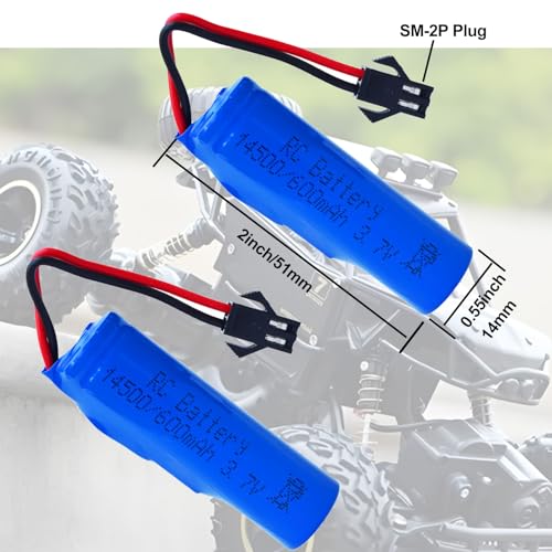 3.7V 600mAh Rechargeable Battery SM-2P Plug with USB Charge Cable Compatible with Various Remote Control Cars,RC Trucks, Stunts,RC Boat.Tumbling Amphibious RC Car, DE40 DE50 DE55(2 Pack)