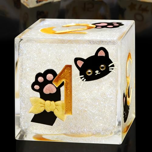 DND Cat Dice Set for Role Playing Gaming with Box, Sticker Sharp Edged Polyhedral Resin DND Dice Set with Cute Black Cat ＆ Yellow Image, D% D20 D12 D10 D8 D6 D4 Dice RPG MTG Gift (White) - color: White-yellow, style: Cat