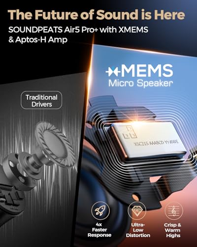SoundPEATS Air5 Pro+ Wireless Earbuds, LDAC & aptX Lossless, xMEMS Warm Treble Hi-Res Audio, Hybrid Driver Earbuds with 10mm Composite Speaker, 55dB AI Adaptive ANC, Bluetooth 5.4, Weightless Comfort