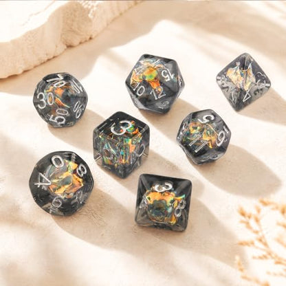 Haxtec DND Dice Set, 7 Pcs Iridescent Resin Polyhedral RPG Dice | Role Playing Games Dice with Velvet Pouch, Compatible with Dungeons and Dragons, Gifts for DM Masters, Black Silver - color: Black Gold Silver