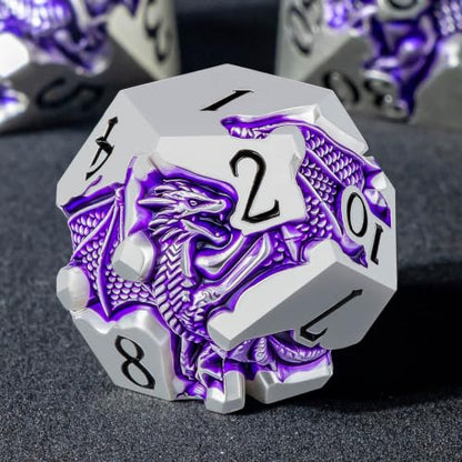 Roycevon Relief Dragon DND Dice Set for Role Playing Game, 7Pcs Metal D&D Dice Set Dungeons Dragons with Gift Box, Polyhedral D and D Dice D20 D12 D10 D8 D6 D4, Purple and Black - color: Purple and Black