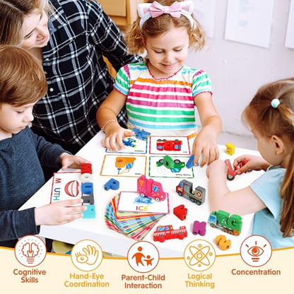 Wooden Vehicle Alphabet Puzzle for Toddlers, Traffic ABC Letter Sight Words Matching Game with 52 Blocks and Flash Cards, Spelling Game Toys, Kindergarten Preschool Learning Activities