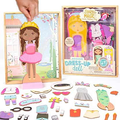 Story Magic Wooden Dress-Up Doll by Horizon Group USA, Dress Up Magnetic Wood Double Sided Doll, Over 40 Outfit and Accessory Pieces, Creative Pretend Play, Perfect for Ages 4+ - style: Rustic