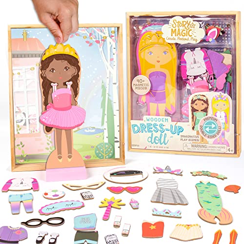 Story Magic Wooden Dress-Up Doll by Horizon Group USA, Dress Up Magnetic Wood Double Sided Doll, Over 40 Outfit and Accessory Pieces, Creative Pretend Play, Perfect for Ages 4+ - style: Rustic