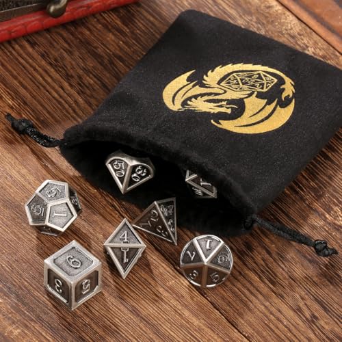 Metal Dice Set, 7pcs Polyhedral Metal DND Dice Set, DND Starter Set, D&D Gifts with Gift Bag, Role Playing Board Games Accessories, Silver - color: Silver + Gift Bag