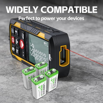 9V 450mAh Li-ion Rechargeable 4-Pack with 4-Slot Charger | 4-Slot Smart Charger, Independent Charging, MCU Protection, for Mics/Multimeters/Alarms, 1200 Cycles